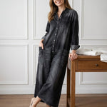 Womens Washed Dark Denim Pocket Button Down Jumpsuit