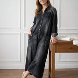 Womens Washed Dark Denim Pocket Button Down Jumpsuit