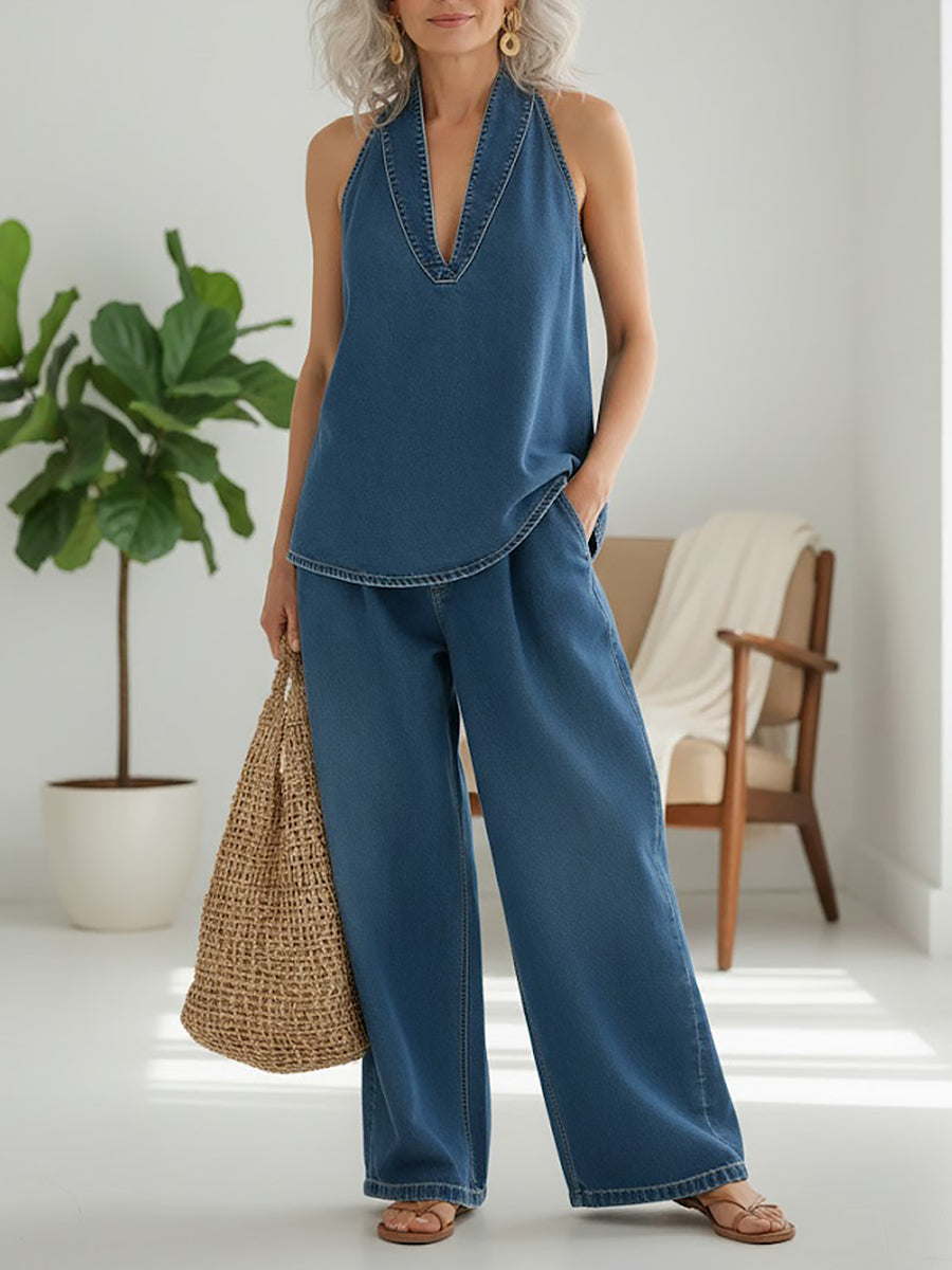 RELAXED HALTER DENIM LOUNGE SET