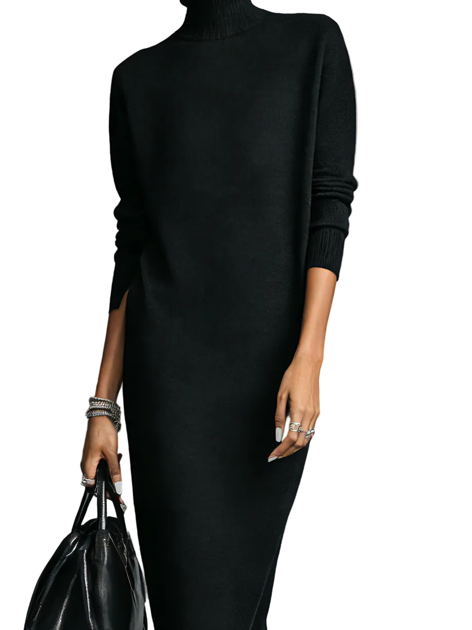 Women's Elegant Black Knitted Turtleneck Long-sleeved Loose-fitting  Midi Dress With No Pockets MDA1974L7AN