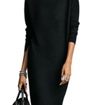 Women's Elegant Black Knitted Turtleneck Long-sleeved Loose-fitting  Midi Dress With No Pockets MDA1974L7AN