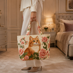 Quilted Tote Bag - Ginger Cat with Roses