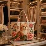 Quilted Tote Bag - Ginger Cat with Roses