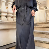 Long-sleeved Tie-Drawstring Shirt and Skirt Set