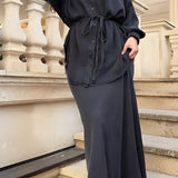Long-sleeved Tie-Drawstring Shirt and Skirt Set