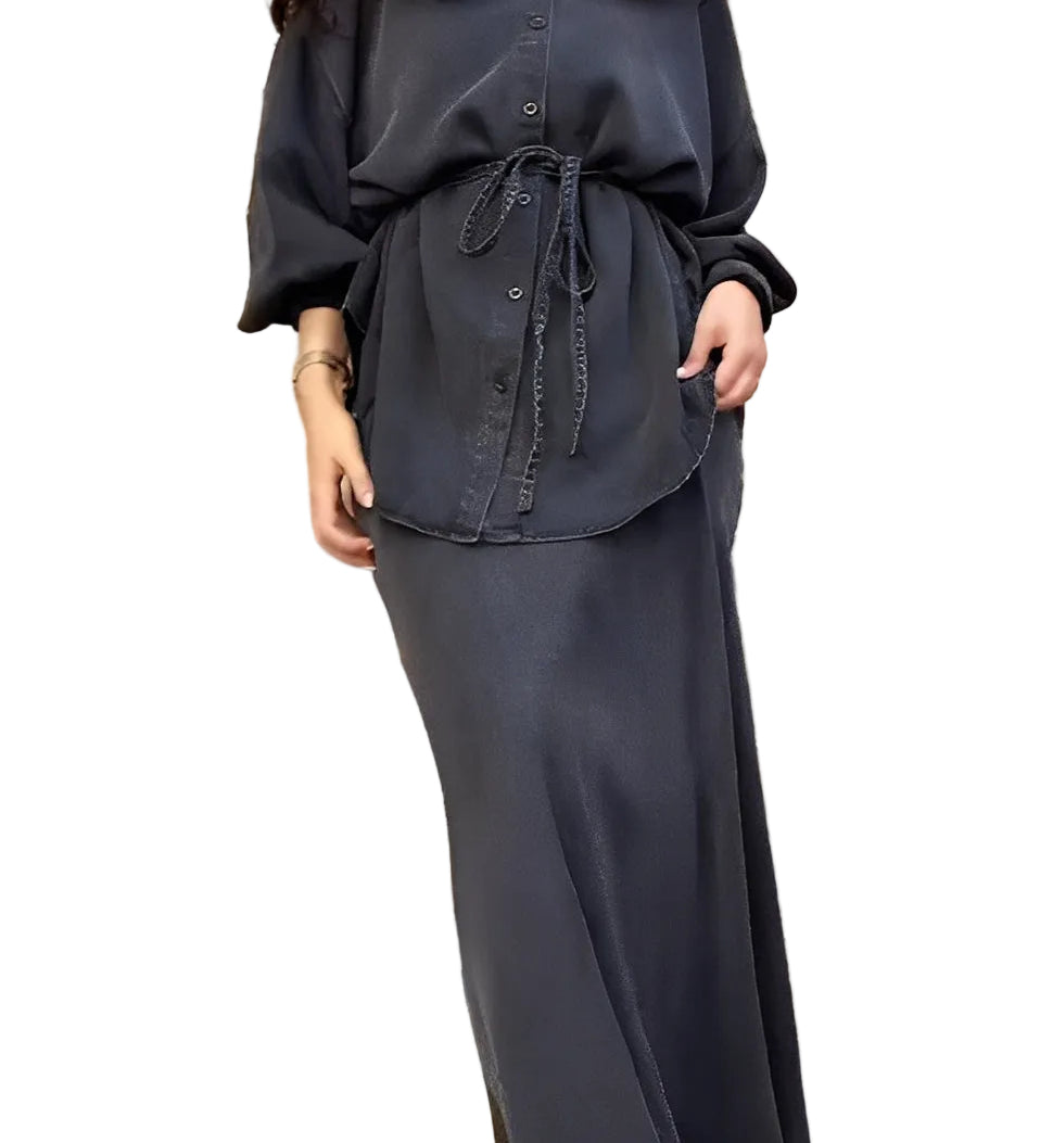 Long-sleeved Tie-Drawstring Shirt and Skirt Set