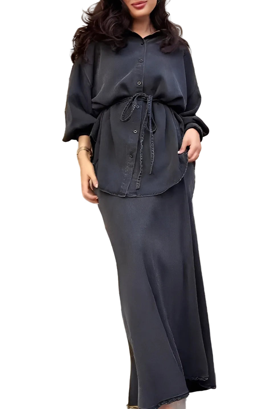 Long-sleeved Tie-Drawstring Shirt and Skirt Set