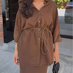Long-sleeved Tie-Drawstring Shirt and Skirt Set
