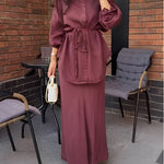 Long-sleeved Tie-Drawstring Shirt and Skirt Set