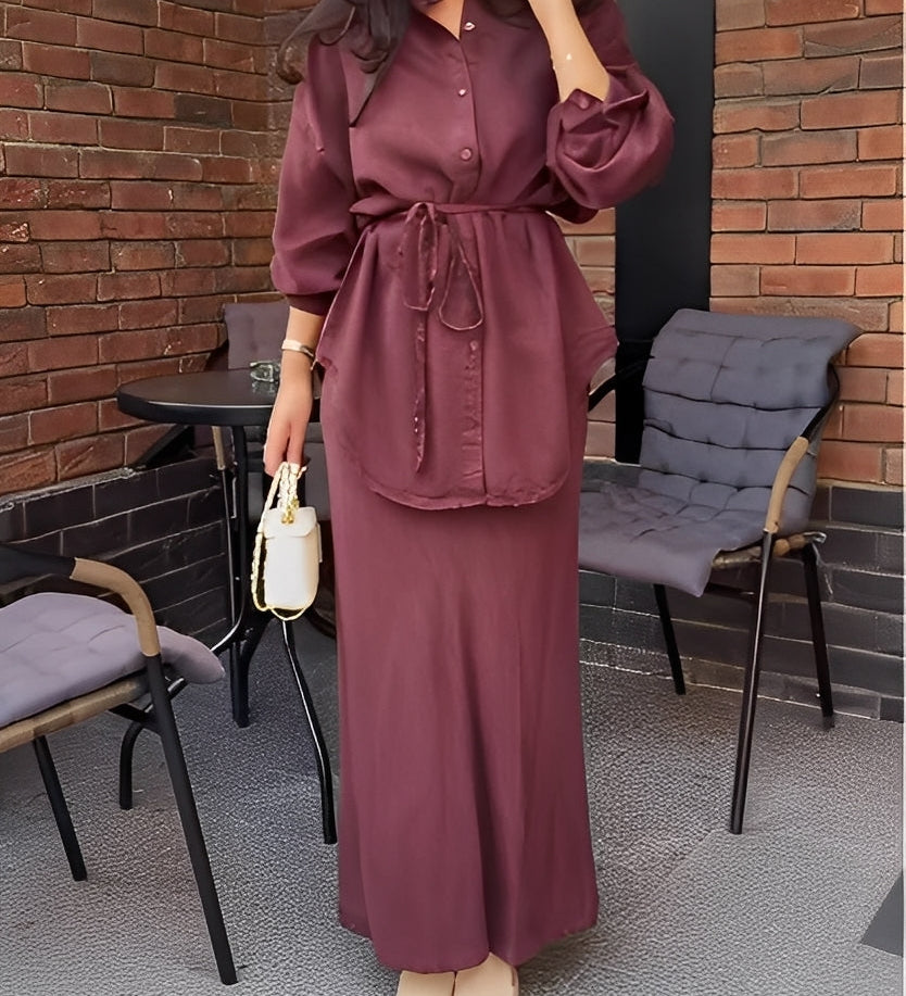 Long-sleeved Tie-Drawstring Shirt and Skirt Set
