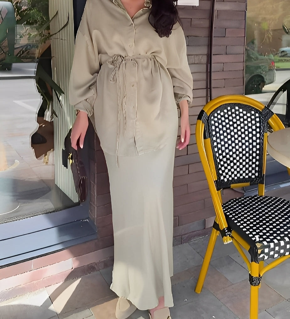 Long-sleeved Tie-Drawstring Shirt and Skirt Set
