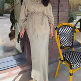 Long-sleeved Tie-Drawstring Shirt and Skirt Set