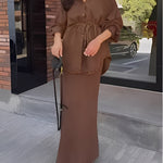 Long-sleeved Tie-Drawstring Shirt and Skirt Set