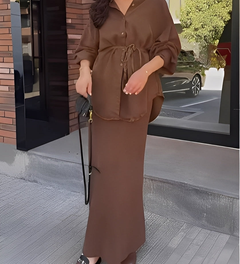 Long-sleeved Tie-Drawstring Shirt and Skirt Set