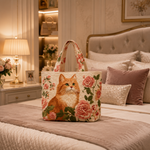 Quilted Tote Bag - Ginger Cat with Roses
